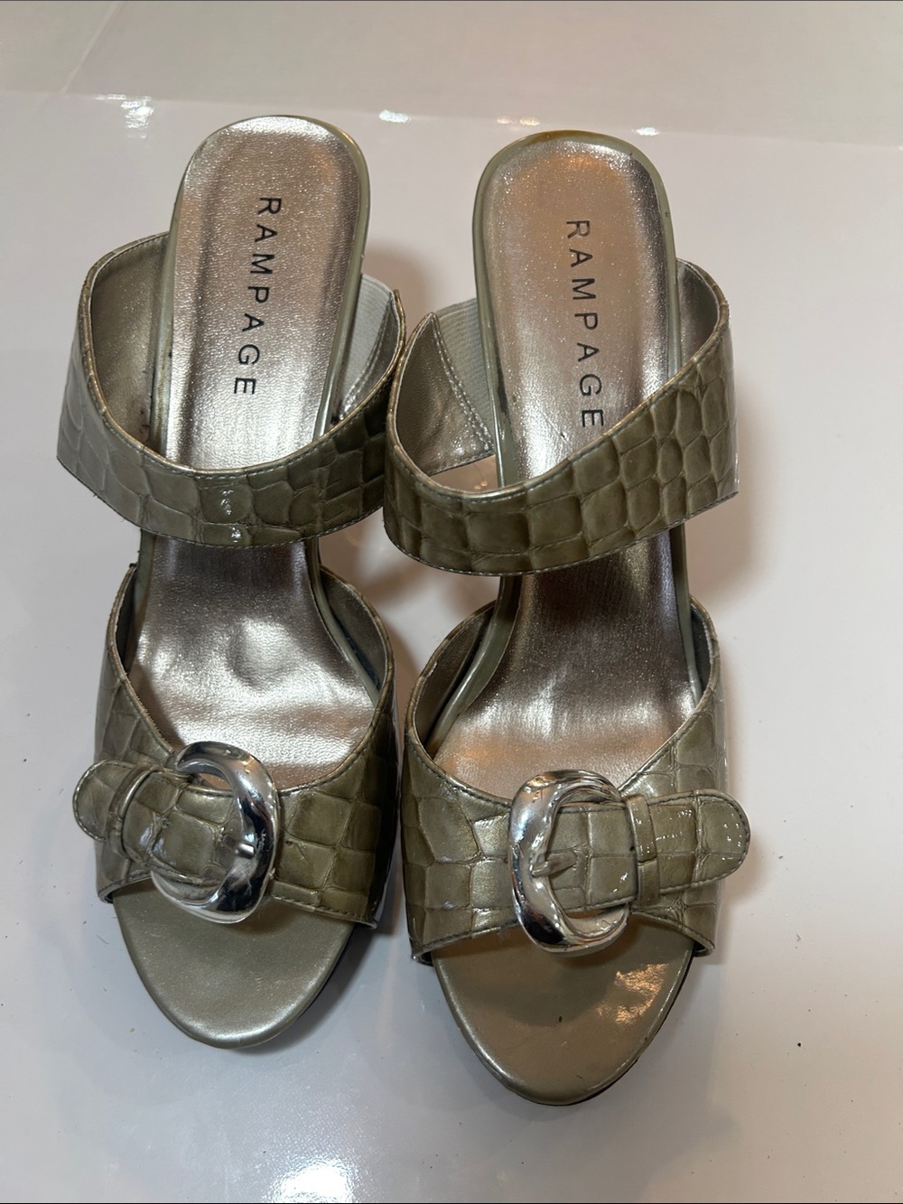 Rampage Metallic Olive Croc-Embossed Buckle Heel Sandals